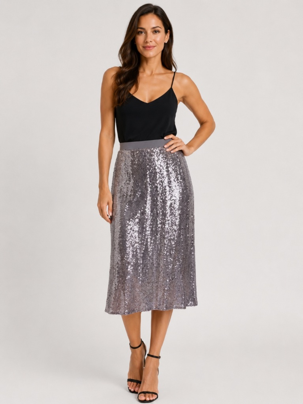 Listicle Grey Silver Grey Sequined midi/maxi Zip Up Skirt L formal party festive